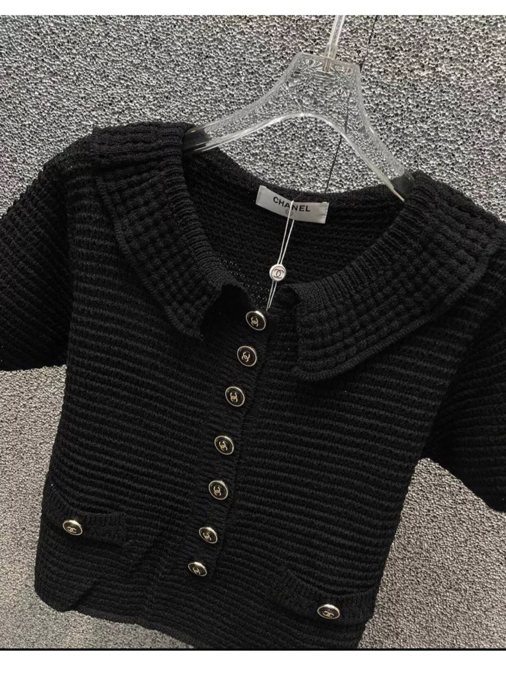 Black Ribbed Knit Cardigan with Gold CC Buttons